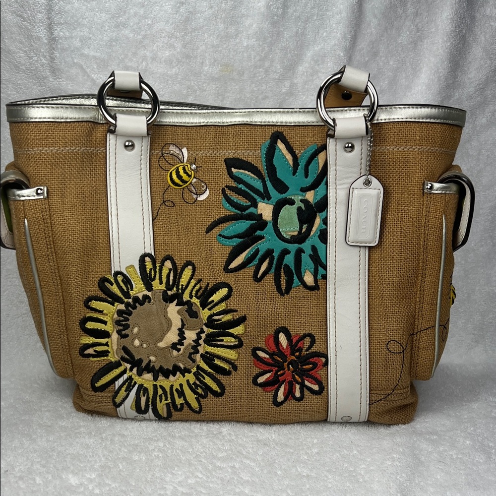 Coach 2005 Vintage Tan Floral Embroidered Tote